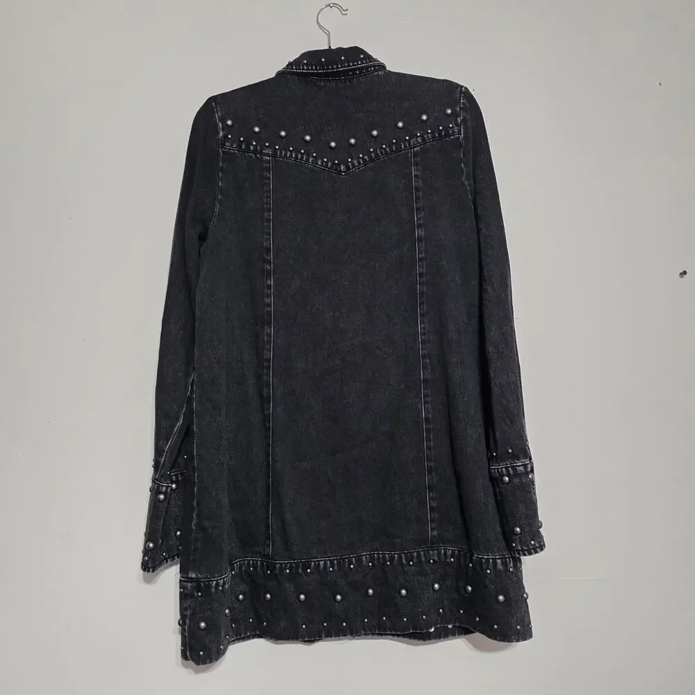 Free People Black Studded Denim Bennet Mini Dress Size M Jacket Grunge Goth Boho